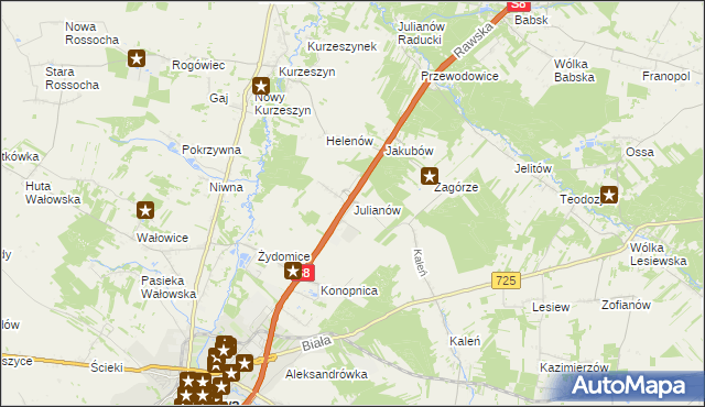 mapa Julianów gmina Rawa Mazowiecka, Julianów gmina Rawa Mazowiecka na mapie Targeo