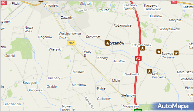 mapa Konary gmina Krzyżanów, Konary gmina Krzyżanów na mapie Targeo