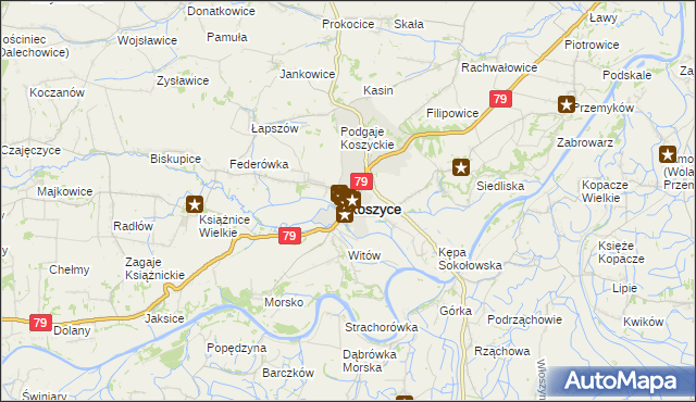 mapa Koszyce powiat proszowicki, Koszyce powiat proszowicki na mapie Targeo