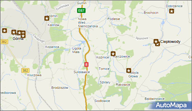 mapa Koźmice, Koźmice na mapie Targeo