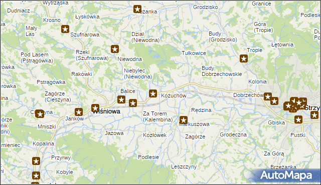 mapa Kożuchów gmina Wiśniowa, Kożuchów gmina Wiśniowa na mapie Targeo