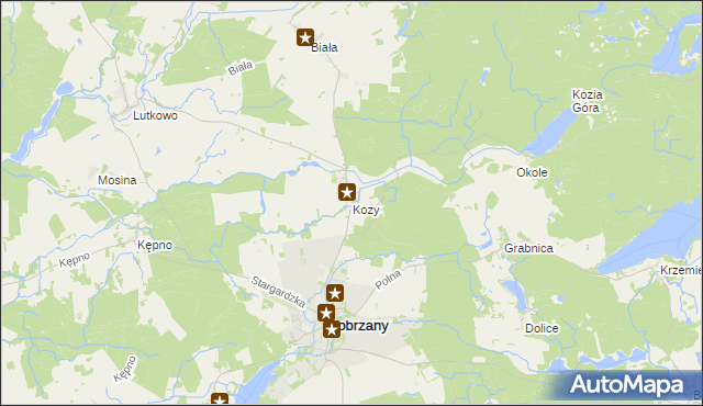 mapa Kozy gmina Dobrzany, Kozy gmina Dobrzany na mapie Targeo