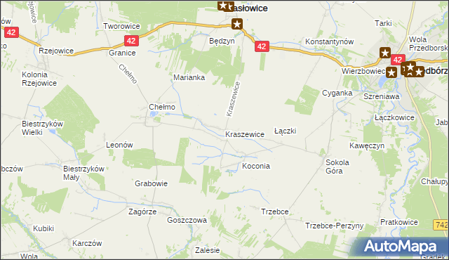 mapa Kraszewice gmina Masłowice, Kraszewice gmina Masłowice na mapie Targeo