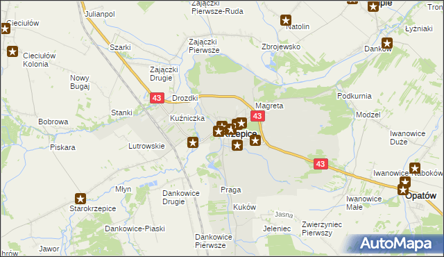 mapa Krzepice powiat kłobucki, Krzepice powiat kłobucki na mapie Targeo