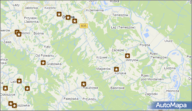 mapa Krzywe gmina Dydnia, Krzywe gmina Dydnia na mapie Targeo