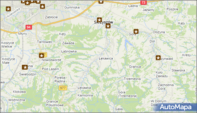 mapa Łękawica gmina Skrzyszów, Łękawica gmina Skrzyszów na mapie Targeo