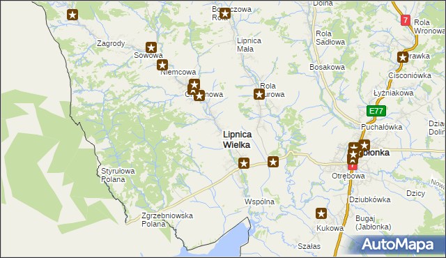 mapa Lipnica Wielka powiat nowotarski, Lipnica Wielka powiat nowotarski na mapie Targeo