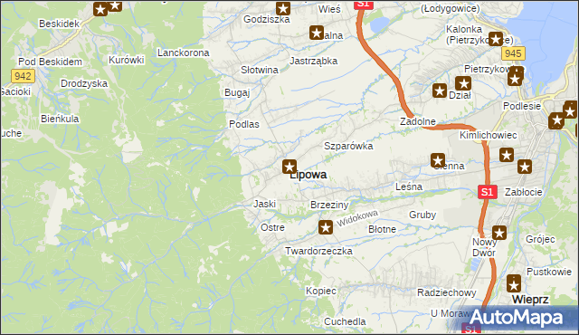 mapa Lipowa powiat żywiecki, Lipowa powiat żywiecki na mapie Targeo