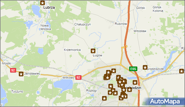 mapa Ługów gmina Świebodzin, Ługów gmina Świebodzin na mapie Targeo