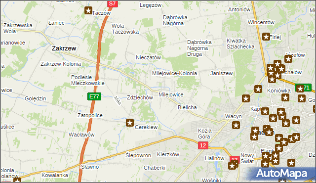 mapa Milejowice gmina Zakrzew, Milejowice gmina Zakrzew na mapie Targeo