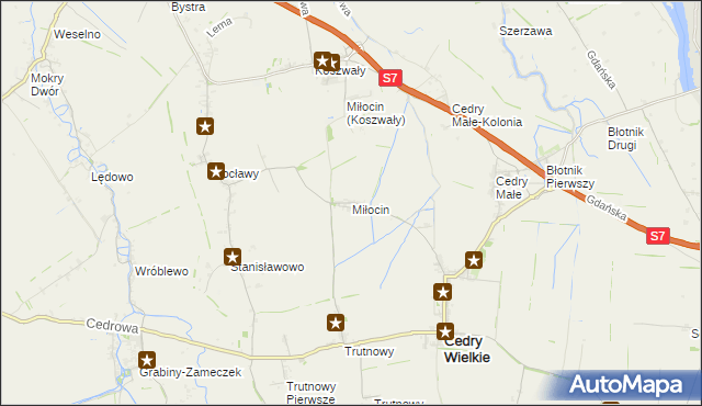 mapa Miłocin gmina Cedry Wielkie, Miłocin gmina Cedry Wielkie na mapie Targeo