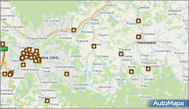 mapa Olszówka gmina Mszana Dolna, Olszówka gmina Mszana Dolna na mapie Targeo