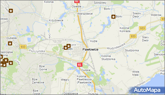 mapa Pawłowice powiat pszczyński, Pawłowice powiat pszczyński na mapie Targeo