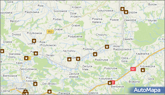 mapa Podolany gmina Kalwaria Zebrzydowska, Podolany gmina Kalwaria Zebrzydowska na mapie Targeo