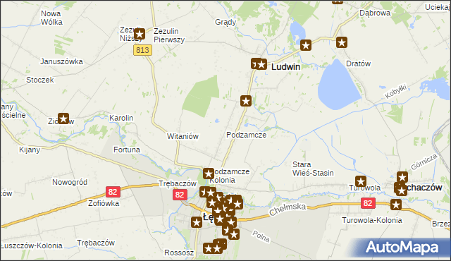 mapa Podzamcze gmina Łęczna, Podzamcze gmina Łęczna na mapie Targeo