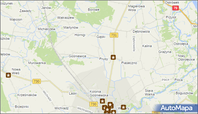 mapa Prusy gmina Warka, Prusy gmina Warka na mapie Targeo