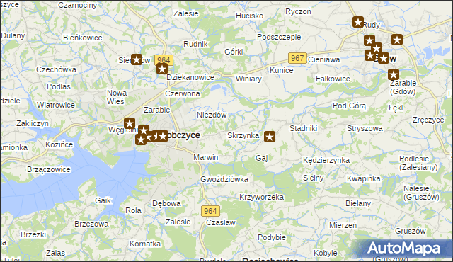 mapa Skrzynka gmina Dobczyce, Skrzynka gmina Dobczyce na mapie Targeo