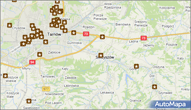 mapa Skrzyszów powiat tarnowski, Skrzyszów powiat tarnowski na mapie Targeo