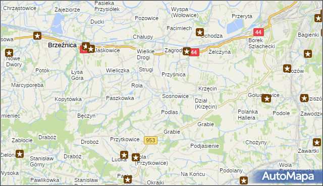 mapa Sosnowice gmina Brzeźnica, Sosnowice gmina Brzeźnica na mapie Targeo