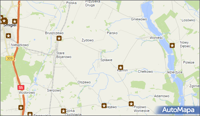 mapa Spławie gmina Śmigiel, Spławie gmina Śmigiel na mapie Targeo