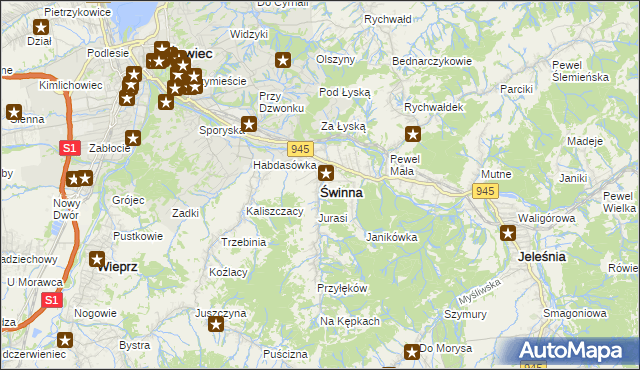 mapa Świnna powiat żywiecki, Świnna powiat żywiecki na mapie Targeo