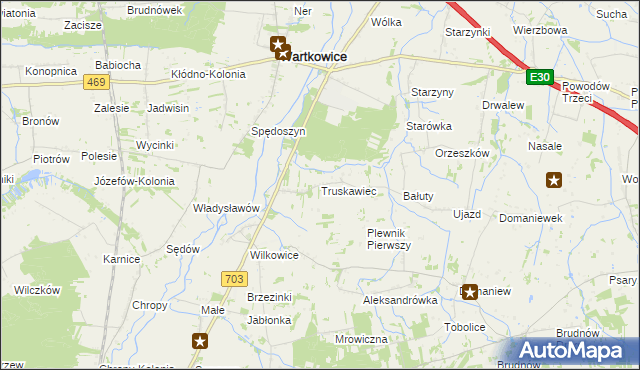 mapa Truskawiec gmina Wartkowice, Truskawiec gmina Wartkowice na mapie Targeo