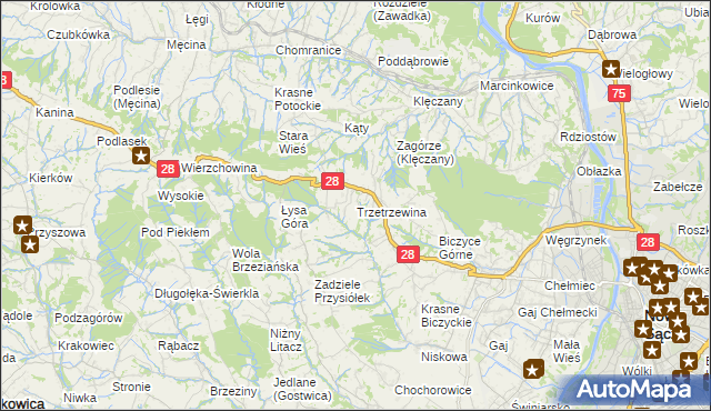 mapa Trzetrzewina, Trzetrzewina na mapie Targeo