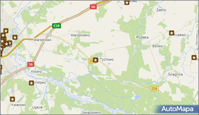 mapa Tychowo gmina Sławno, Tychowo gmina Sławno na mapie Targeo