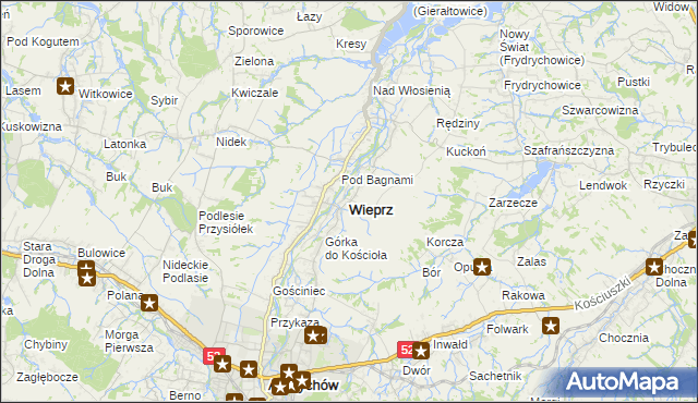 mapa Wieprz powiat wadowicki, Wieprz powiat wadowicki na mapie Targeo