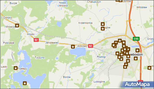 mapa Wilkowo gmina Świebodzin, Wilkowo gmina Świebodzin na mapie Targeo