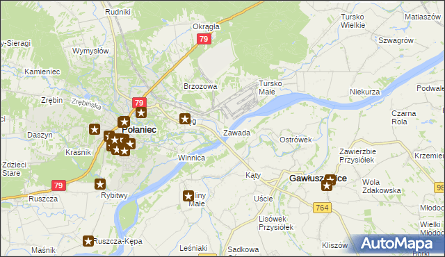mapa Zawada gmina Połaniec, Zawada gmina Połaniec na mapie Targeo
