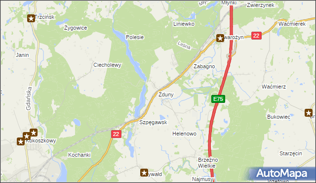 mapa Zduny gmina Starogard Gdański, Zduny gmina Starogard Gdański na mapie Targeo