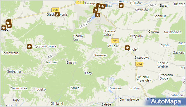 mapa Złożeniec, Złożeniec na mapie Targeo