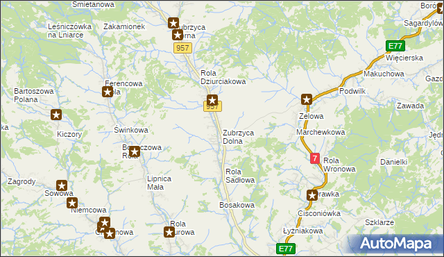 mapa Zubrzyca Dolna, Zubrzyca Dolna na mapie Targeo