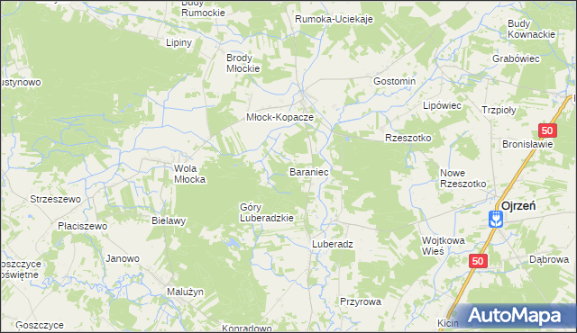 mapa Baraniec gmina Ojrzeń, Baraniec gmina Ojrzeń na mapie Targeo