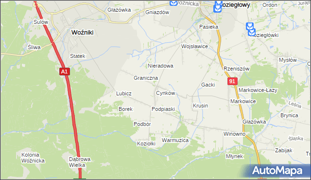mapa Cynków gmina Koziegłowy, Cynków gmina Koziegłowy na mapie Targeo