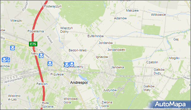 mapa Ignaców gmina Brzeziny, Ignaców gmina Brzeziny na mapie Targeo