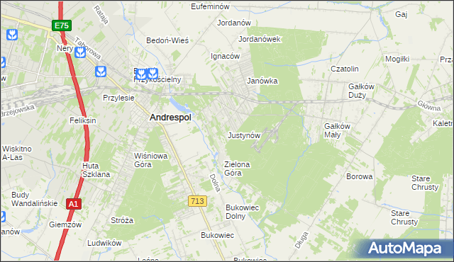 mapa Justynów gmina Andrespol, Justynów gmina Andrespol na mapie Targeo