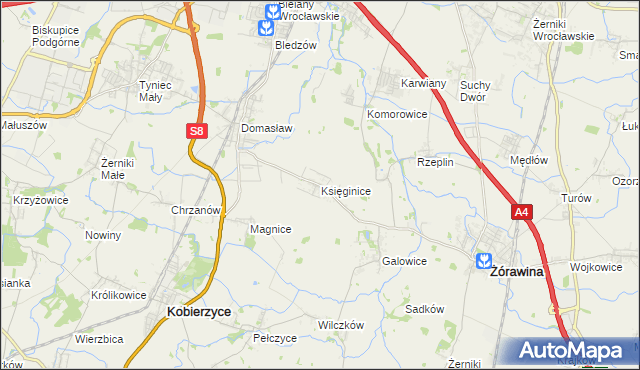 mapa Księginice gmina Kobierzyce, Księginice gmina Kobierzyce na mapie Targeo