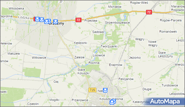 mapa Lisowice gmina Koluszki, Lisowice gmina Koluszki na mapie Targeo