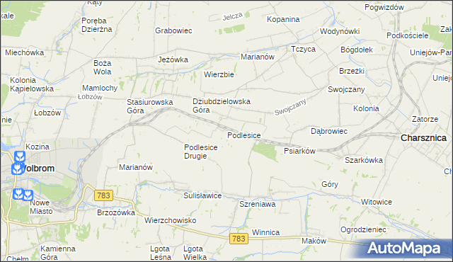 mapa Podlesice gmina Charsznica, Podlesice gmina Charsznica na mapie Targeo