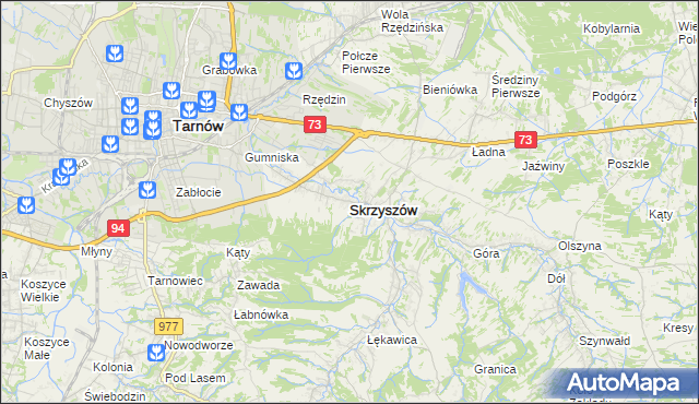 mapa Skrzyszów powiat tarnowski, Skrzyszów powiat tarnowski na mapie Targeo