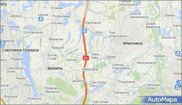 mapa Stara Wieś gmina Wilamowice, Stara Wieś gmina Wilamowice na mapie Targeo