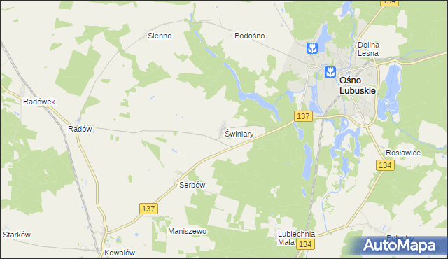 mapa Świniary gmina Ośno Lubuskie, Świniary gmina Ośno Lubuskie na mapie Targeo