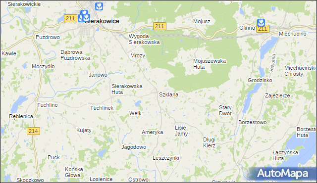 mapa Szklana gmina Sierakowice, Szklana gmina Sierakowice na mapie Targeo