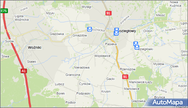 mapa Wojsławice gmina Koziegłowy, Wojsławice gmina Koziegłowy na mapie Targeo