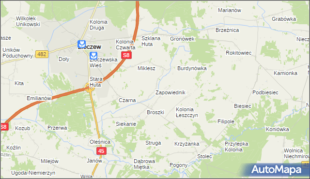 mapa Zapowiednik gmina Złoczew, Zapowiednik gmina Złoczew na mapie Targeo
