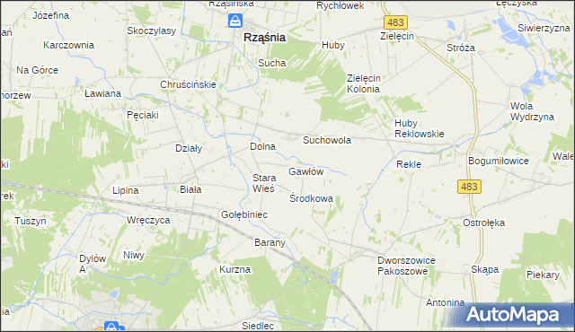 mapa Gawłów gmina Rząśnia, Gawłów gmina Rząśnia na mapie Targeo