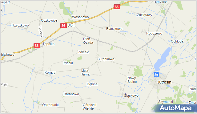 mapa Grąbkowo gmina Jutrosin, Grąbkowo gmina Jutrosin na mapie Targeo