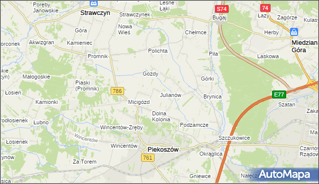 mapa Julianów gmina Piekoszów, Julianów gmina Piekoszów na mapie Targeo
